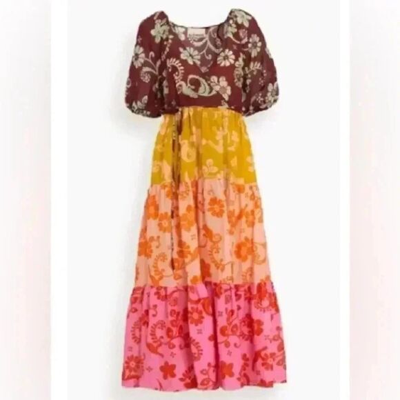 ALÉMAIS 100% Ramie Linen Multicolor Luis Wrap Puff Sleeve Midi Wrap Dress Sz 12 - Picture 7 of 11